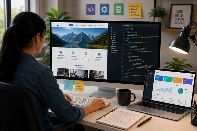 Laptop screen with code for dynamic website development in India