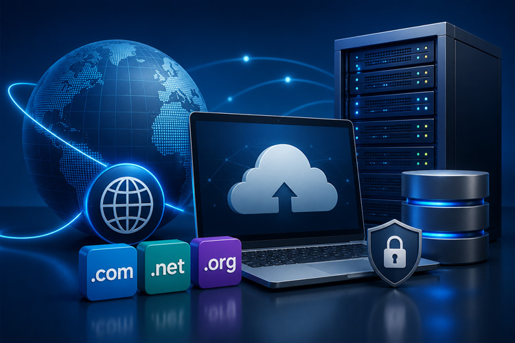 .com and .in domain names with professional hosting server illustration