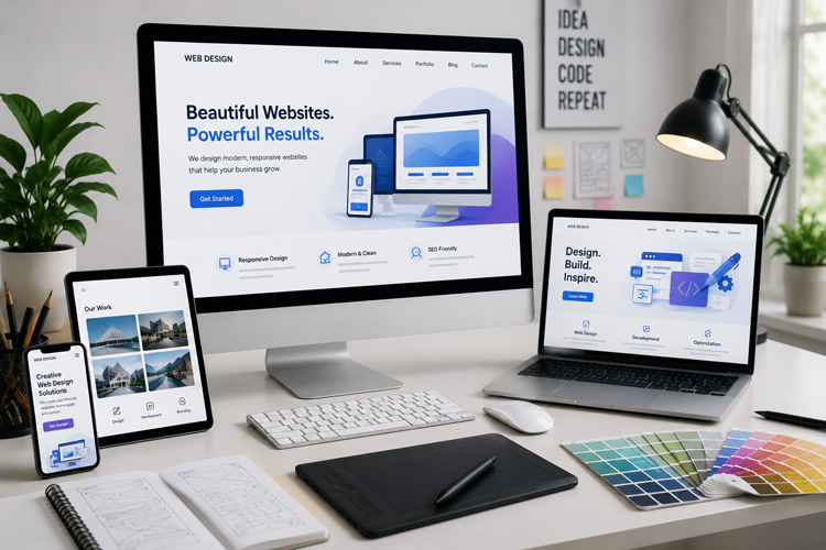 Beautiful colourful website design shown on desktop and laptop screens