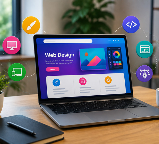 Modern computer screens showing web design work